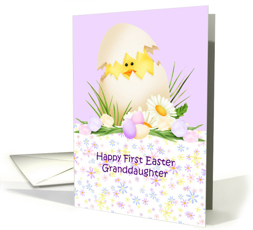 Granddaughter 1st Easter, eggs, flowers, Baby chick in egg card
