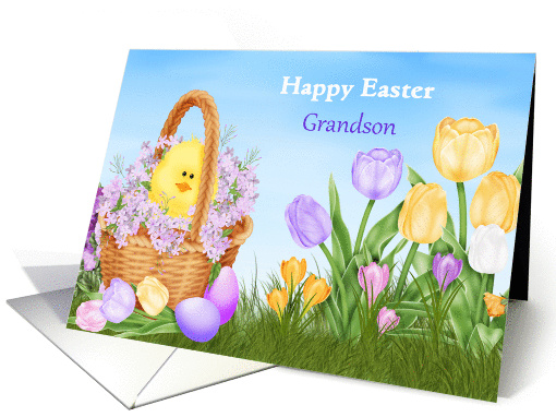 Happy Easter Grandson, basket tulips, chick card (907479)