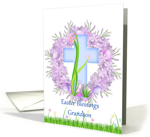 Happy Easter Grandson, blue cross, lilac wreath card (907745)