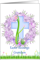 Happy Easter Grandson, blue cross, lilac wreath card