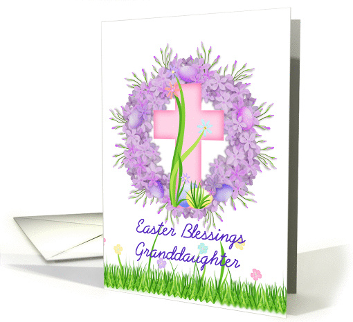 Happy Easter Granddaughter, pink cross, lilac wreath card (907749)