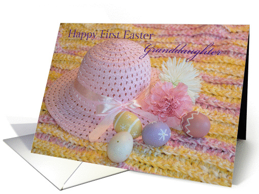 First Easter Granddaughter, Easter hat, crochet, eggs and flowers card