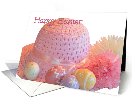 Happy Easter Hat, straw hat, eggs, flowers card (915071)