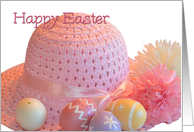 Happy Easter Hat, straw hat, eggs, flowers card