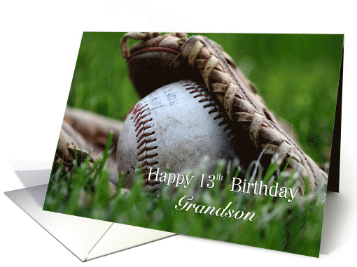 Grandson 13th Birthday Softball, a softball in glove card (920524)
