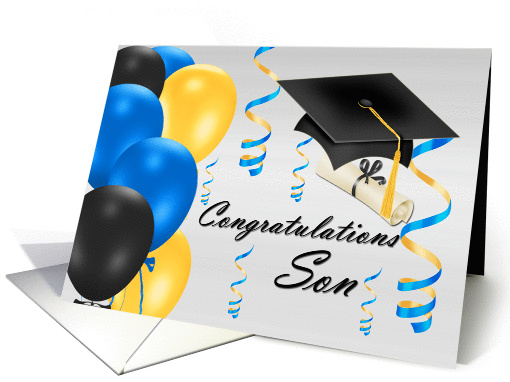 Congratulations Son Bachelor's Degree, grad hat, balloons, degree card