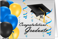 Congratulations Graduate, grad hat, balloons, degree card