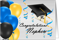 Congratulations Nephew, grad hat, balloons, degree card