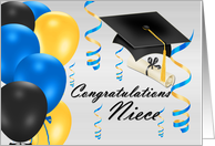 Congratulations Niece, grad hat, balloons, degree card