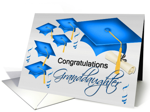 Congratulations Granddaughter, grad hats, streamers, degree card