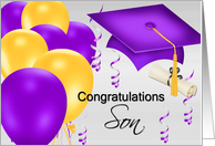 Congratulations For Graduating Son, Graduation Cap, Balloons, Diploma card