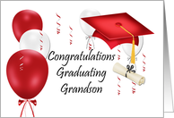 Graduation For Grandson With Graduation Cap and Balloons, Red, White card