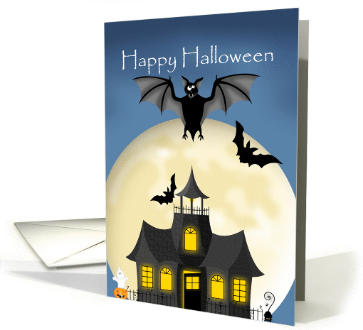 Haunted Halloween, haunted house with bats and full moon card (956613)