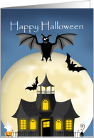 Haunted Halloween, haunted house with bats and full moon card