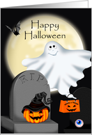 Gravestone Halloween, full moon with ghost and gravestones card