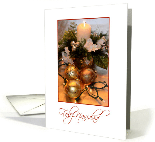 Feliz Navidad, Spanish white with gold bulbs and candle card (956669)