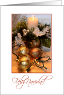 Feliz Navidad, Spanish white with gold bulbs and candle card