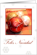 Feliz Navidad, Spanish white with ornaments and snowflakes card