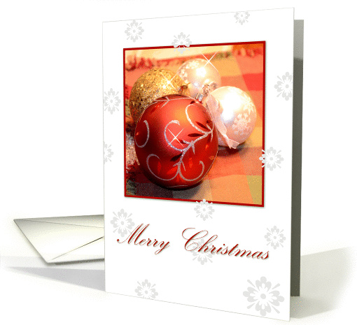 Merry Christmas Ornaments, white with ornaments and snowflakes card