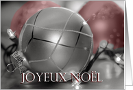 French Merry Christmas Ornaments, silver, red, lights card