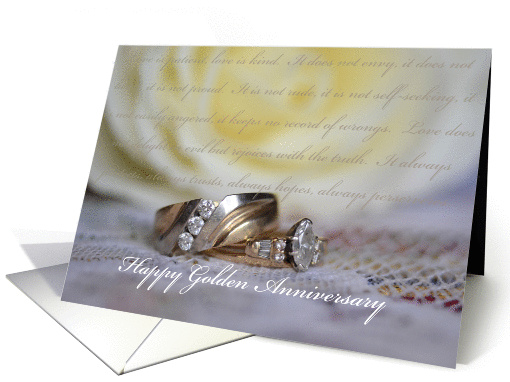Happy Golden Anniversary, gold wedding rings, verse, rose card
