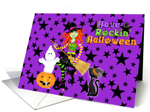 Rockin' Halloween, witch, cat and ghost card (965645)