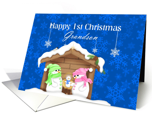 Grandson Happy 1st Christmas Snow Family Nativity card (965729)