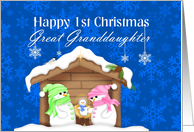Great Granddaughter Happy 1st Christmas Snow family nativity card