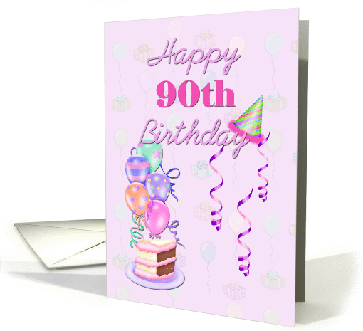 Happy 90th Birthday, with balloons and cake card (971931)