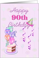 Happy 90th Birthday, with balloons and cake card