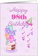Happy 98th Birthday, with balloons and cake card