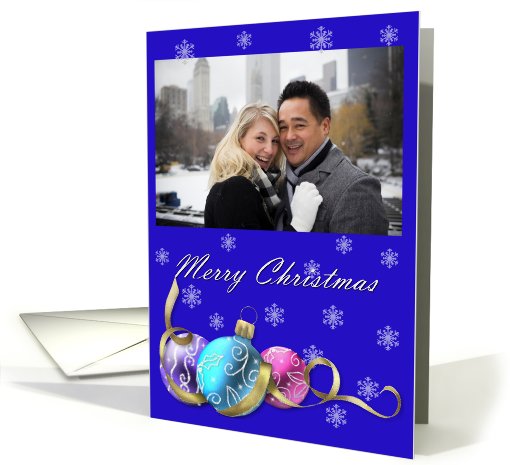 Merry Christmas Ornaments Photo Card, ornaments and snowflakes card