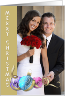 Merry Christmas Photo Card, ornaments with gold banner card