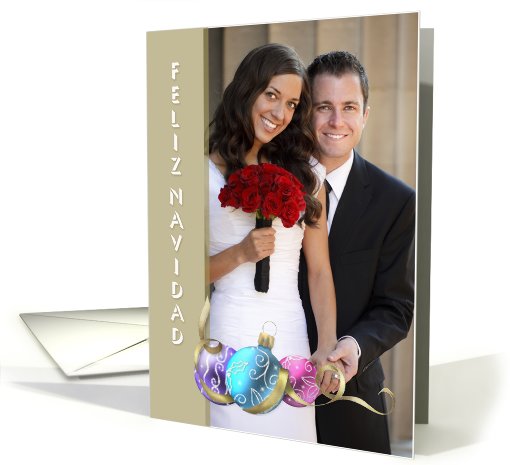 Spanish Merry Christmas Photo Card, ornaments with gold banner card