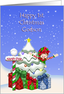 Godson Happy 1st Christmas Elf w/Christmas tree at North Pole card