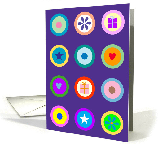 Bright Circle Icons on Purple Grid Birthday card (942861)