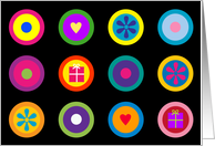 Bright Circle Icons on Black Grid Birthday Card