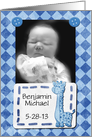 Baby Boy Announcement Photo Card and Customize Name Blue Giraffe card