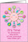 New Baby Girl Birth Announcement Pink Cute Baby Clock It’s Time card