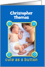 Baby Birth Announcement Custom Name Boy Blue Buttons Photo Card