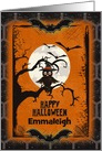 Happy Halloween Custom Name Spooky Tree with Owl and Bats card
