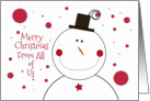 Merry Christmas From All of Us Smiling Snowman with Top Hat card