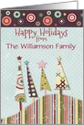 Happy Holidays Personlized Name Colorful Patterned Trees and Circles card