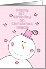Happy 1st Birthday Niece on Christmas Pink Hat Smiling Snowman card
