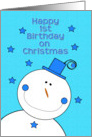 Happy 1st Birthday on Christmas Blue Hat Smiling Snowman card