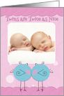 Twin Girls Birth Announcement Blue Birdies Custom Photo Card