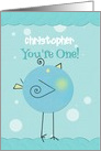 Happy First Birthday You’re One Boy Custom Name Blue Birdie card