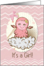 Baby Girl Announcement Cute Pink Baby Monster with Chevrons card