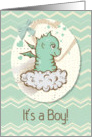 Baby Boy Announcement Cute Green Baby Dragon with Chevrons card