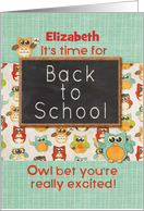 Student Custom Name Back to School Colorful Owls and Chalkboard card